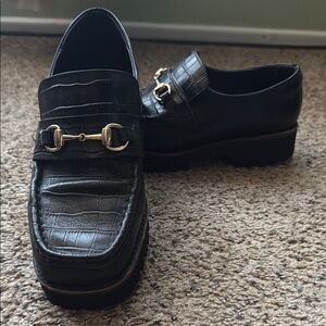 Anthropologie Black Loafers with Gold Horsebit Detail